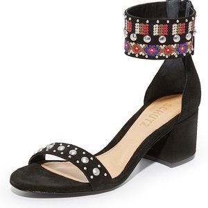 New Schutz Naharis Black Leather Embellished Dress Sandal with Block Heel Size 6